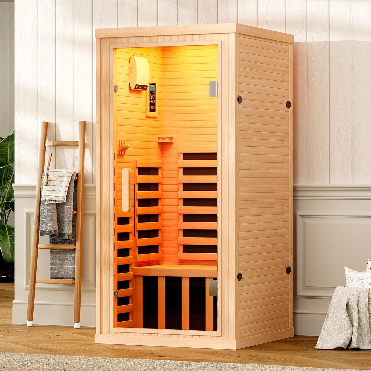 Albott Infrared Sauna Room, 1260W/110V Canadian Hemlock Wood 1 Person Infrared saunas for Home with 7 Color Therapy Lamp, Foot Heater, Dual Bluetooth Speaker, LCD Control Panel, 32.3x32.3x66.1inch Albott