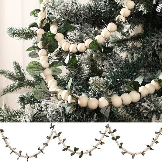 Jutom Christmas Wooden Beads Garland Artificial Olive Leaf Garland 6.6 ft Christmas Wood Bead Garland Artificial Leaf Garland Wall Hanging Decor for Christmas Tree Indoor Outdoor Fireplace Decoration