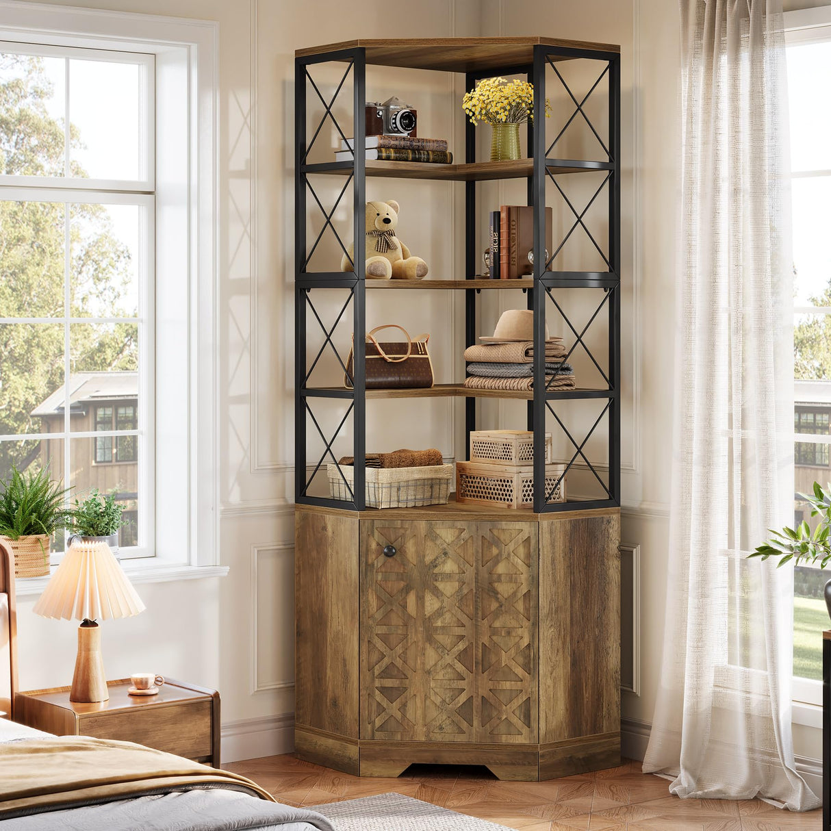 Tribesigns 76-Inch Tall Corner Cabinet, 7-Tier Industrial Corner Bookshelf Bookcase with Storage Rack, Freestanding Display Shelving Unit for Living Room, Kitchen, Home, Brown Tribesigns