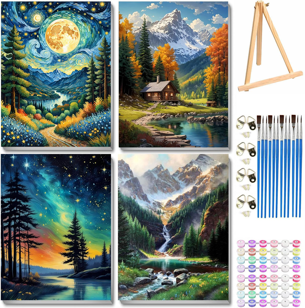 VIGEGU 4 Pack Paint by Numbers Kit for Adults with Frame,Paint by Number with Wooden Easel DIY Mountain Moon Tree Landscape Adult Paint by Number Kits for Home Decor12x16inch VIGEGU