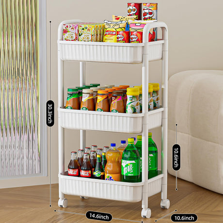 JOYZAN 3 Tier Rolling Carts with Wheels, Utility Cart with Handle and Locking Caster, Storage Cart for Kitchen, Office, Bedroom, Suitable for Diaper, Art Tools, Snack, Craft Storage Cabinet, White JOYZAN