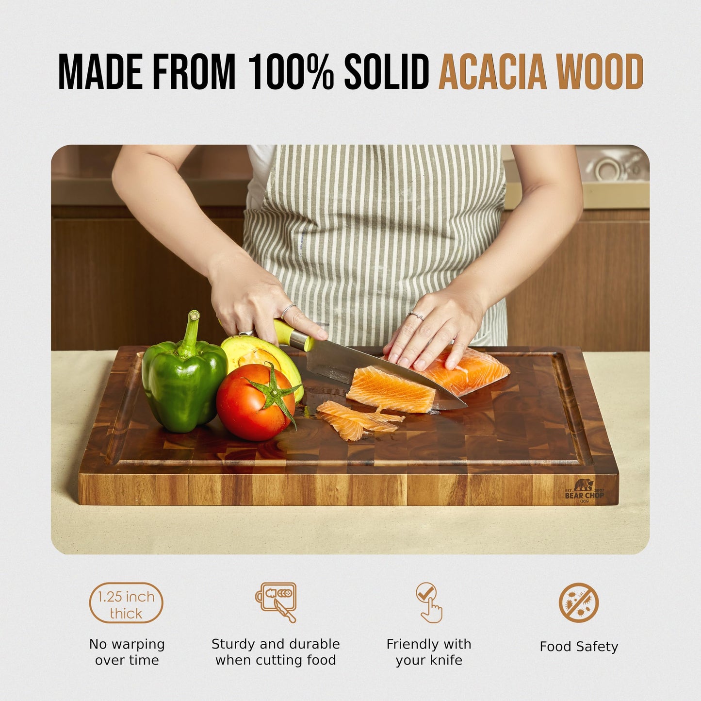 Bearchop Acacia Wood Cutting Boards for Kitchen, [20"x15"x1.25"] Large End Grain Cutting Boards, Solid Wood Butcher Block Cutting Board with Juice Grooves and Handle, Knife Friendly, Reversible