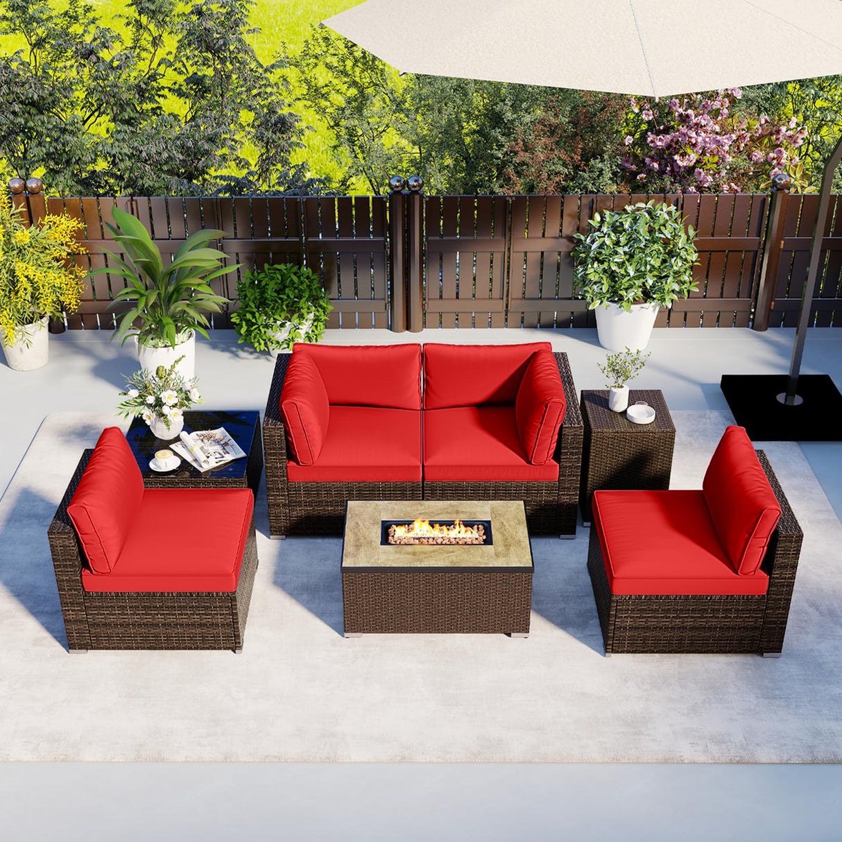 Tangkula 7 Pieces Outdoor Sectional Sofa Set Set with 32” Fire Pit Table and Propane Tank Cover, for Deck, Garden and Backyard, Fire Pit Protective Cover Included (Red) Tangkula