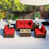 Tangkula 7 Pieces Outdoor Sectional Sofa Set Set with 32” Fire Pit Table and Propane Tank Cover, for Deck, Garden and Backyard, Fire Pit Protective Cover Included (Red) Tangkula