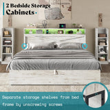 AMERLIFE King Size Lift Up Storage Bed Frame, 45.1" LED Bed Frame with 2 Side Shelves & Bookcase Headboard, Farmhouse Wood Platform Bed with Charging Station, No Box Spring Needed, Distressed White AMERLIFE