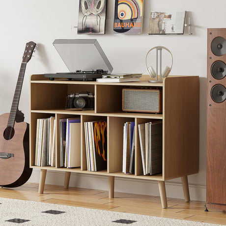 ChooChoo Record Player Stand, Turntable Stand with Vinyl Storage, Record Player Cabinet Up to 350 Albums, Cube Storage Organizer for Living Room, Natural ChooChoo