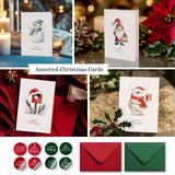 Merry Christmas Cards Boxed with Envelopes, Set of 20 Watercolor Designs Cards - 4x6 Inches Bulk Christmas Cards with Envelopes & Matching Stickers, Smudge-resistant Heavy Duty Cardstock Paper Play