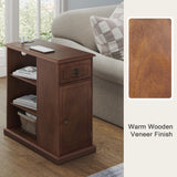 ChooChoo Farmhouse XXL End Table with Charging Station，Narrow Sofa Side Table with Adjustale Shelf, 3 Tier Rustic Night Stand for Small Place Living Room, Cherry Brown ChooChoo
