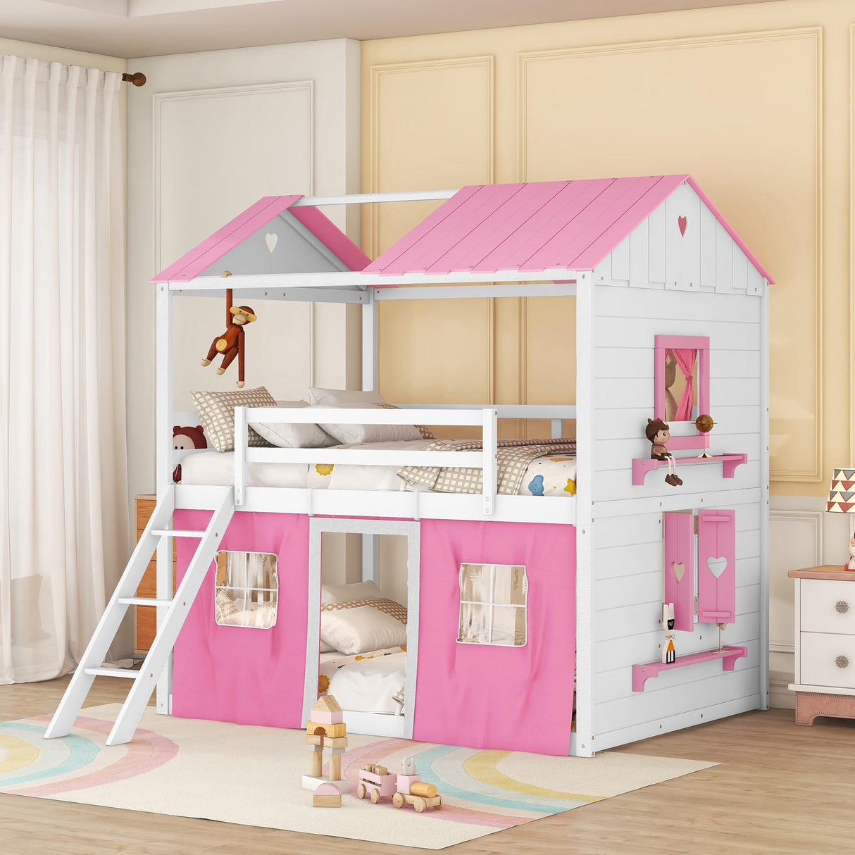 SOFTSEA Twin Over Twin House Bunk Bed for Kids, Floor Bunk Bed with Tent and Windows Sills, Wood Bunk Bed Frame with Slide Ladder and Guardrails, Twin Size House Shaped Bunk Bed for Girls Boys, Pink SOFTSEA