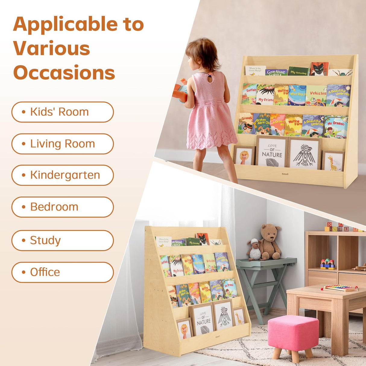Bateso Natural Wood 4-Layer Toddler Bookshelf - Space-Saving Storage for Playrooms and Nurseries Bateso