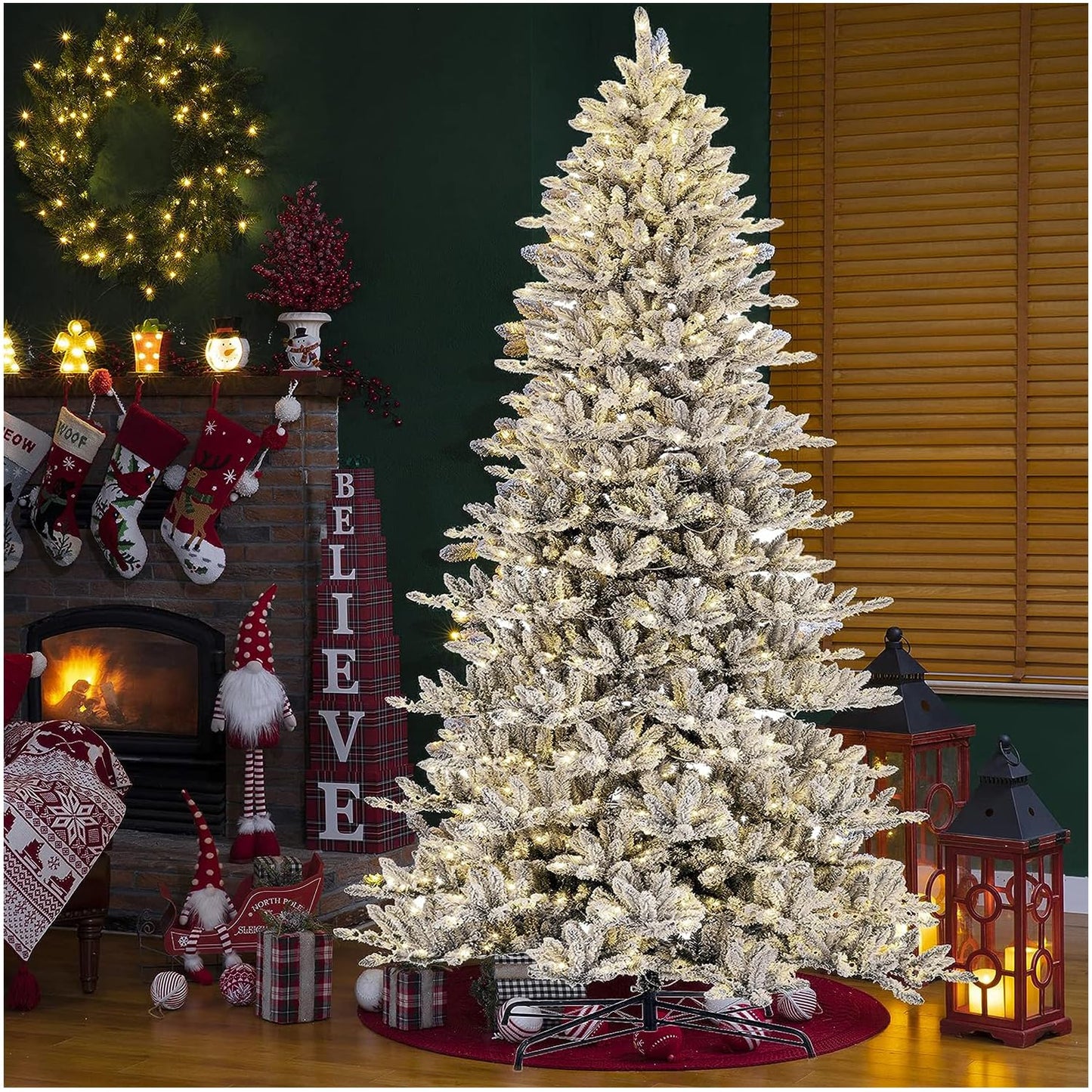 Glitzhome 11ft Pre-Lit Flocked Slim Fir Artificial Christmas Tree, Large Xmas Tree with 950 Warm White Lights for Holiday Decorations