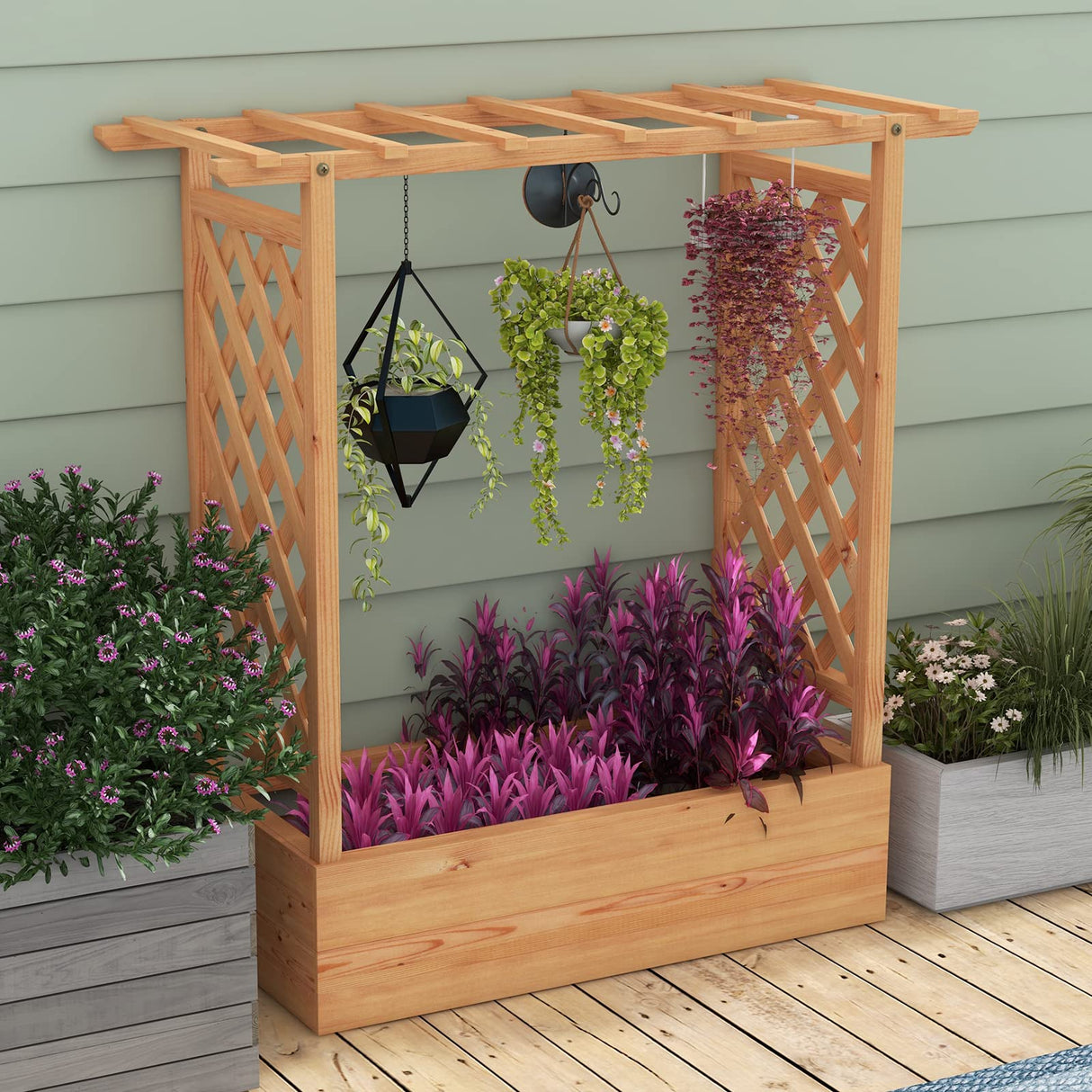 HAPPYGRILL Raised Garden Bed with Trellis, Freestanding Garden Planter Box with Side & Top Trellis, Drainage Holes, Wooden Planter Raised Bed for Vine Climbing Plants, Vegetables, Flowers, Herbs HAPPYGRILL