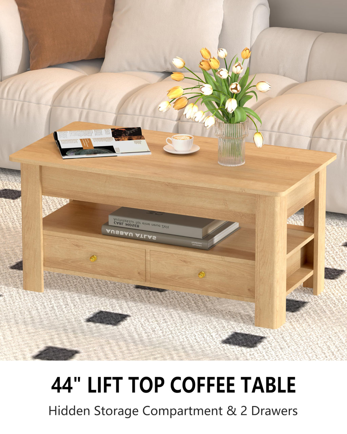 44" Lift Top Coffee Table with Hidden Storage Compartment & 2 Drawers, Spacious Convertible Table, Effortless Hydraulic Lift Top, Modern Rustic Design for Living Room & Home Office, Natural Oak Jpiziso