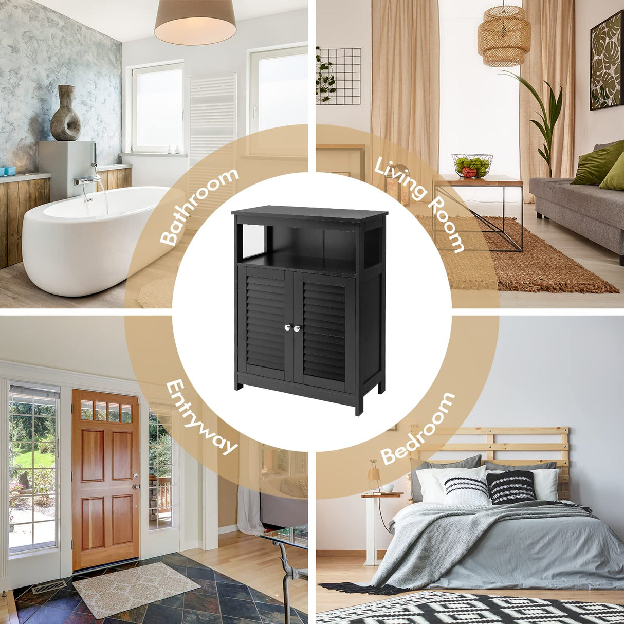 COSTWAY Bathroom Storage Cabinet, Wooden Side Storage Organizer with Louver Doors & Removable Shelf, Freestanding Floor Cabinet for Living Room, Kitchen, Entryway (Black) COSTWAY