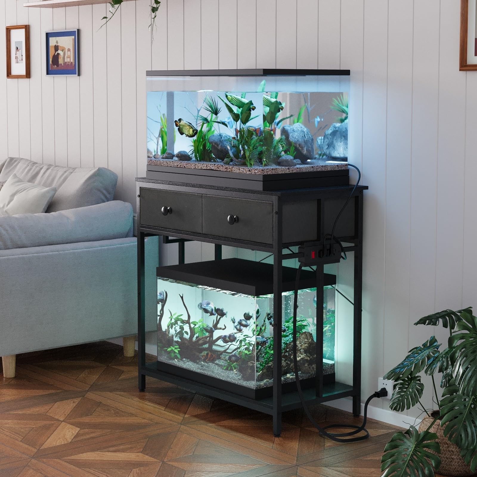 VOWNER 20-29 Gallon Aquarium Stand with Power Outlet, Metal Frame Fish Tank Stand with Cabinet Storage, Double Turtle Reptile Terrariums Tank Stand, 31.5" L*15.7" W Tabletop, 400LBS Capacity, - WoodArtSupply