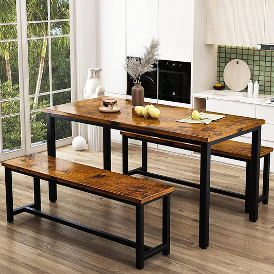 Recaceik Dining Table Set for 4, Kitchen Table Set with 2 Benches, 3 Piece Dining Room Table Set, Modern Wood Kitchen Table and Chairs for Small Spaces, Kitchen,Dining Room, Restaurant, Rusti - WoodArtSupply