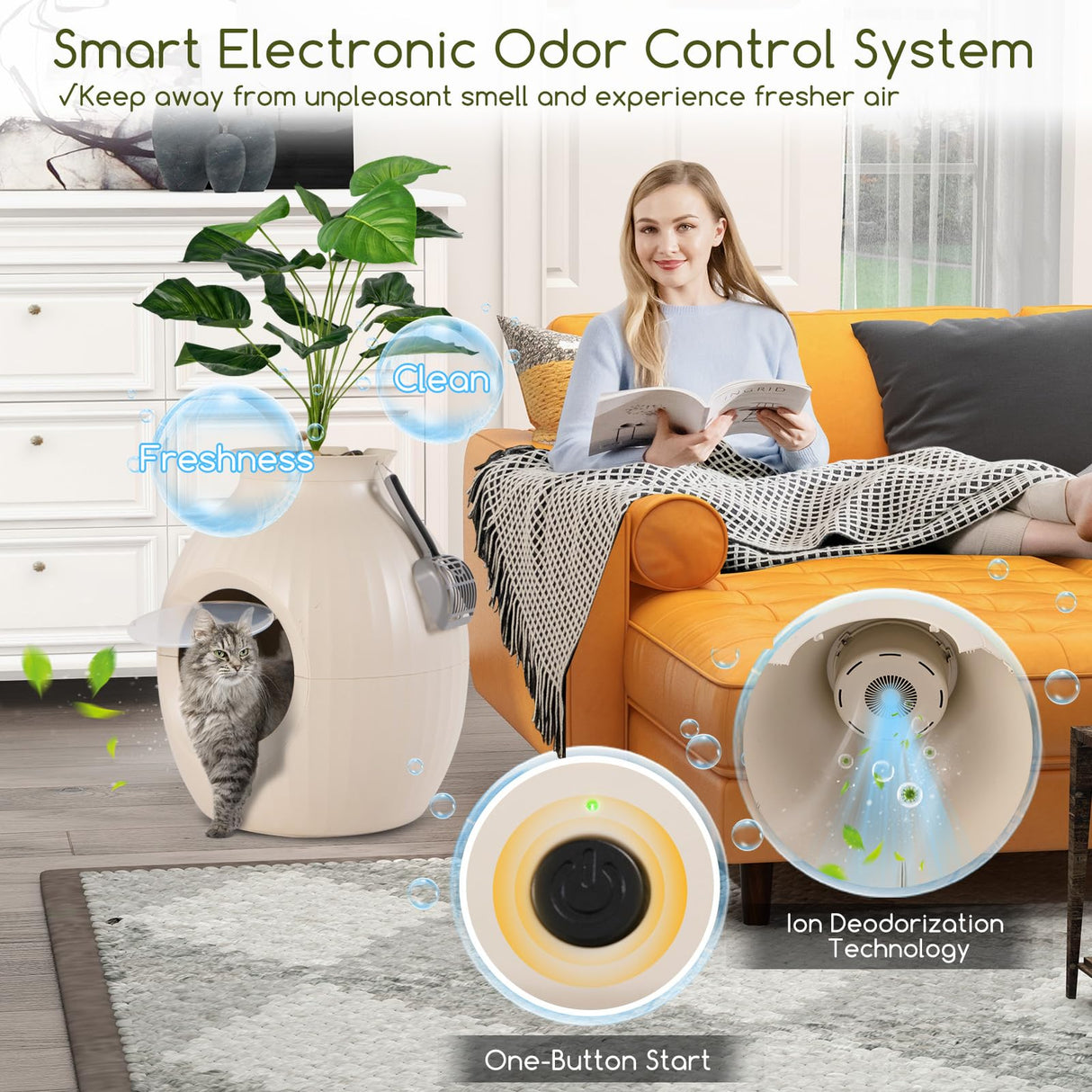 Tangkula Hidden Litter Box Plant, Cat Litter Box Enclosure Furniture with Odor Removal System, 4 Modes Lights, Artificial Plant, Pebbles, Door, Scoop, Planter Litter Box for Large Cats, Easy to Clean Tangkula