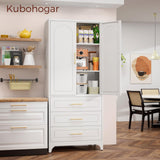 Kubohogar 75" Kitchen Pantry Cabinet with 3 Drawers, Metal Storage Cabinets with Doors and Adjustable Shelves, Tall White Pantry for Dinning Living Room Kubohogar