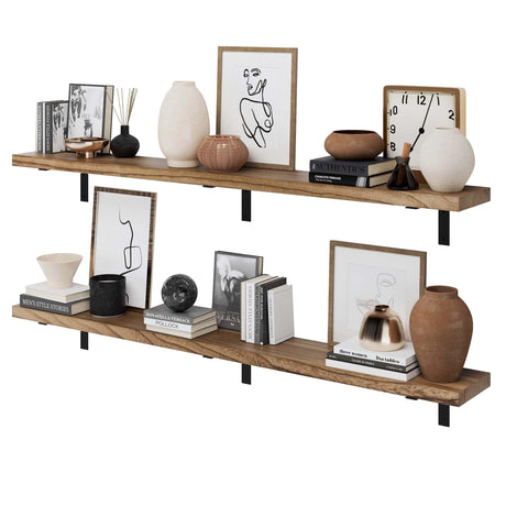 Wallniture Cervo 72"x9.5" Floating Shelves for Wall, Living Room Wall Book Shelf, Kitchen Floating Shelves with Metal Heavy Duty Brackets, Burnt Finish, Wood Set of 2 Wallniture