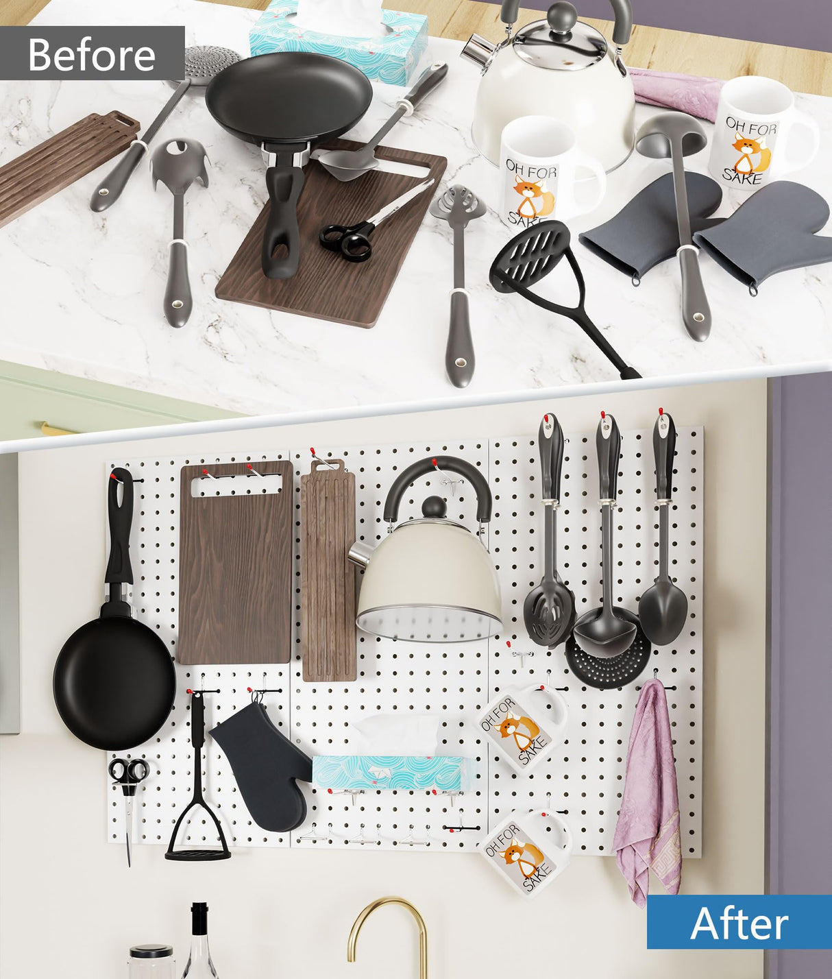 COLCUT Pegboard Organization System for Wall, 3 Pack Metal Pegboard (12x24 Inch) with 58 Hooks, Perfect for Home Office, Kitchen, Craft Room, Living Area and Indoor Porch,White COLCUT