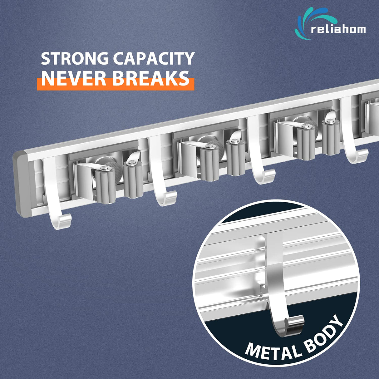 reliahom Broom Holder Mop Hanger Wall Mount Metal Organization Garage Storage System Garden Kitchen Tool Organizer (4 Racks with 5 Hooks, Silver) reliahom