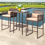 VINGLI 3 PCS Patio Bar Set Wicker, Outdoor Bar Table and Bar Stools with Storage Shelf and Cushions, Bar Height Outdoor Table and Chairs Wicker Furniture VINGLI