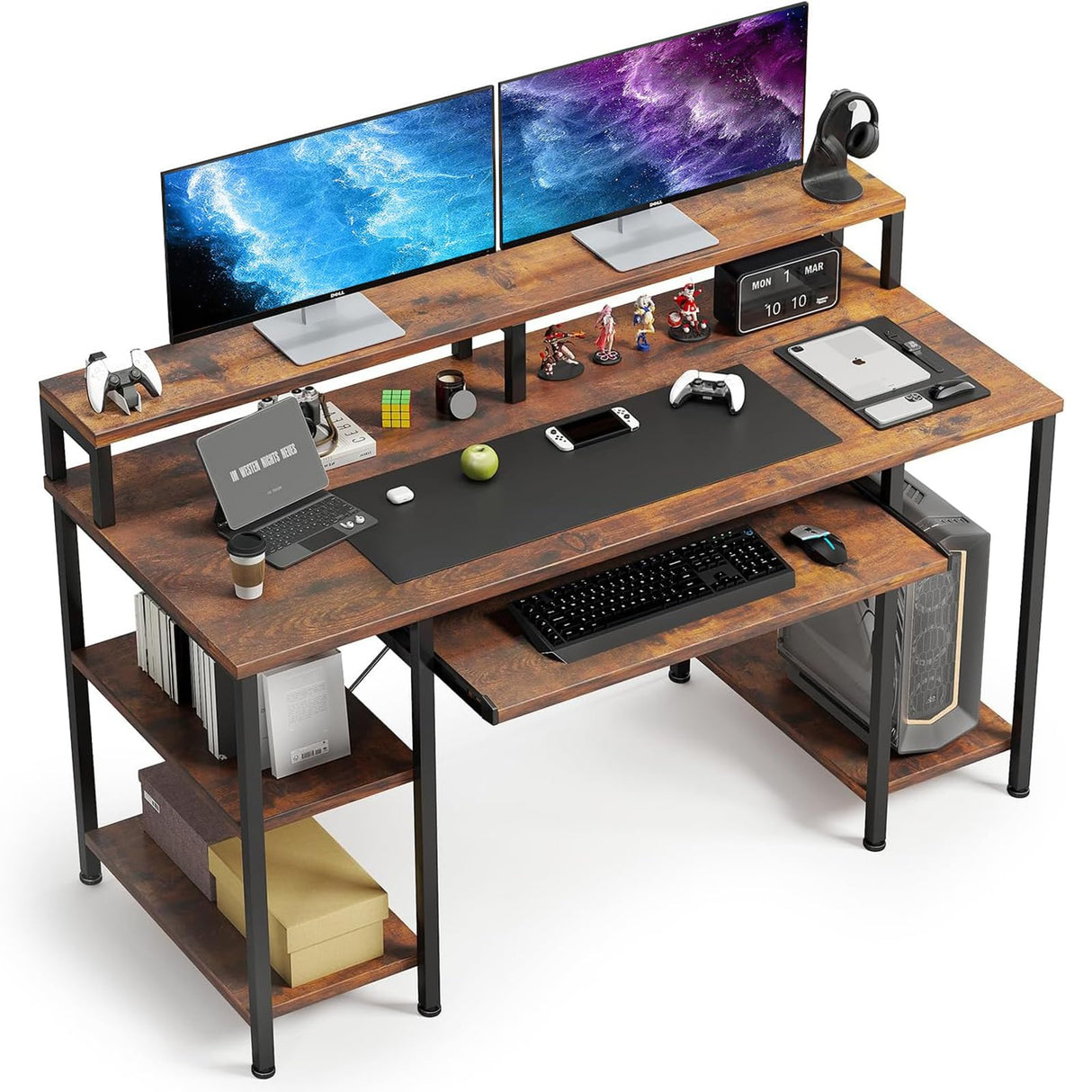 VERMESS 48Inch Computer Desk, Home Office Desks with Keyboard Tray, Gaming Desk with CPU Stand Shelf,Industrial Study Table Wide Writing Desk with Storage Shelves for 2 Monitors, Rustic Brown VERMESS
