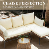 Bezseller 3-Piece Outdoor Patio Furniture Set, L-Shaped Rattan Sectional Sofa with Thick Cushions, Glass Coffee Table – All-Weather Conversation Set for Backyard, Porch, Poolside Bezseller