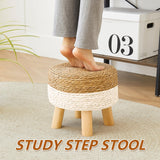 ALeesing Round Ottoman, Natural Seagrass Footstool with 4 Wood Legs, Multifunctional Modern Dressing Stool and Sofa Side Table for Bedroom (White) ALeesing