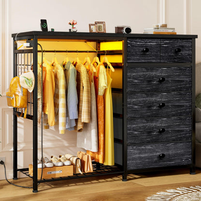 EnHomee 49.2" W Dresser for Bedroom with Hanging Rack 6 Drawers Dresser with LED Lights Fabric Dressers & Chest of Drawer with Clothes Rack,Wooden Top,Grid Panel,Closet,Black 49.2" Wx47.2 Hx15.8 D