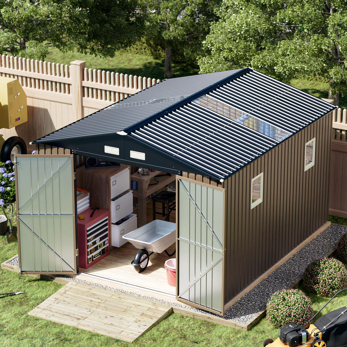 Breezz Outdoor Storage Shed 10 x 12ft. Utility Tool Shed Metal Storage Garden Shed with Lockable Doors, Windows & Metal Frame Floor for Patio Storage,Brown BreezZ