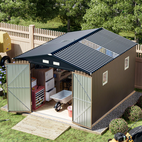 Breezz Outdoor Storage Shed 10 x 12ft. Utility Tool Shed Metal Storage Garden Shed with Lockable Doors, Windows & Metal Frame Floor for Patio Storage,Brown BreezZ