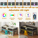 Giantex Low Loft Bed with LED Lights, Wooden Twin Size Loft Bed with Ladder & Blackboard, Twin Bed Frames for Kids with Storage 2 Bookcases and Play Space, Grey Giantex