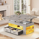 Itaar Lift Top Coffee Table, 4 in 1 Coffee Tables with Storage and Hidden Compartment, Farmhouse Coffee Table with 2 Fabric Drawers & LED Light for Living Room, Grey Oak Itaar