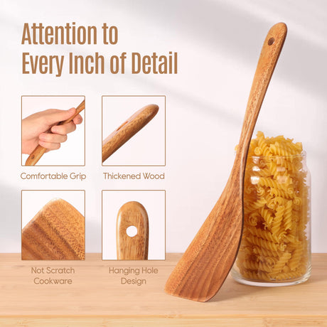 5 PCS Wooden Spoons for Cooking Natural Teak Kitchen Utensils Smooth Non-Stick Surface Cooking Utensils Set Soft Comfort-Grip Wooden Utensils for Cooking MULBOM
