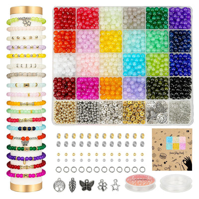 Sistenia 6mm Glass Beads Bracelet Making Kit 1400pcs, 24 Colors Crystal Beads for Jewelry Making Round Beads DIY Crafts with Spacer Beads Charms Accessories