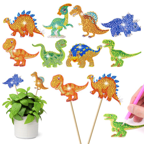AUAUY 8PCS Dinosaur Diamond Art Kits, Diamond Painting Set for Garden Decor, Dinosaur Diamond Painting Ornaments Accessories, DIY Stakes Diamond Art Kits Crafts Supplies for Adult AUAUY