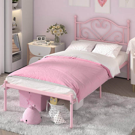 Weehom Twin Bed Frames with Headboard, Heavy Duty Metal Platform Bed Under Bed Storage Space Easy Assembly for Kids Girls Adults, Pink Weehom