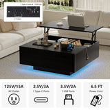 Square Lift Top Coffee Table, 31.5" Wooden Coffee Table with 2 Drawers & Hidden Storage, LED Lights & Charging Station, Mid Century Modern Center Table for Living Room Home Office (Black) YKVIQBY