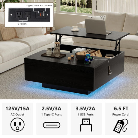 Square Lift Top Coffee Table, 31.5" Wooden Coffee Table with 2 Drawers & Hidden Storage, LED Lights & Charging Station, Mid Century Modern Center Table for Living Room Home Office (Black) YKVIQBY