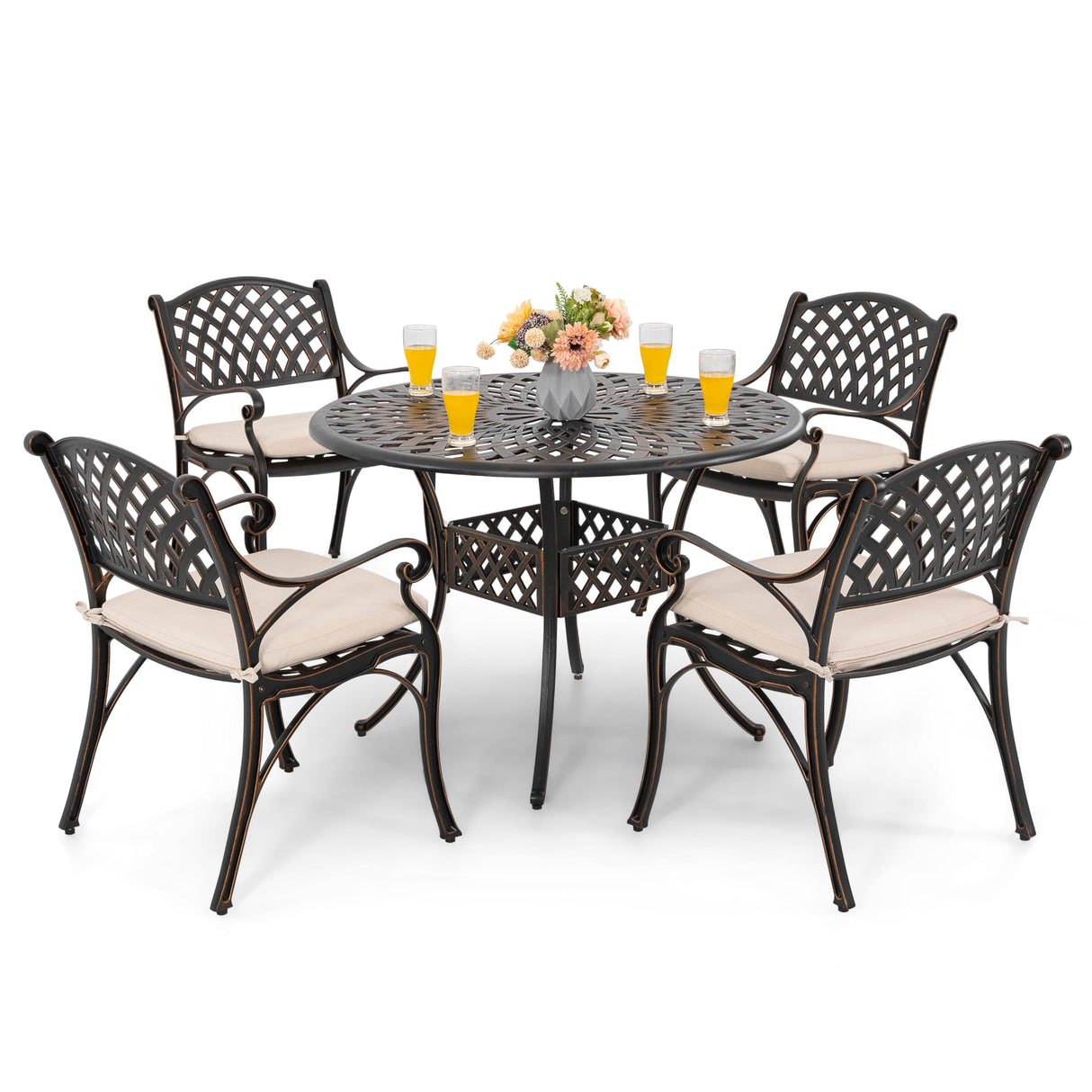 NUU GARDEN 5 Piece Outdoor Patio Dining Set with Beige Cushions, Cast Aluminum Round Dining Table with Umbrella Hole and Patio Dining Chairs for Garden, Balcony, Black with Bronze Edge NUU GARDEN