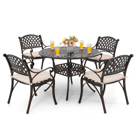 NUU GARDEN 5 Piece Outdoor Patio Dining Set with Beige Cushions, Cast Aluminum Round Dining Table with Umbrella Hole and Patio Dining Chairs for Garden, Balcony, Black with Bronze Edge NUU GARDEN