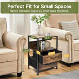 OUTONLIFE Nightstand with LED Dimmable Light & Charging Station, Narrow Bed Side Table with 2 Fabric Drawers, 2 USB Ports & AC Outlets, 3-Tier End Table with Storage Shelves for Bedroom, Living Room OUTONLIFE