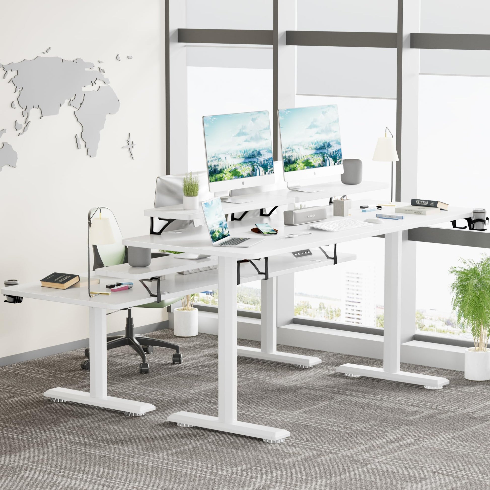 JUMMICO Electric Standing Desk, Adjustable Height Desk 63 x 27 Inch with Monitor Stand, Home Office Computer Desk (White) - WoodArtSupply