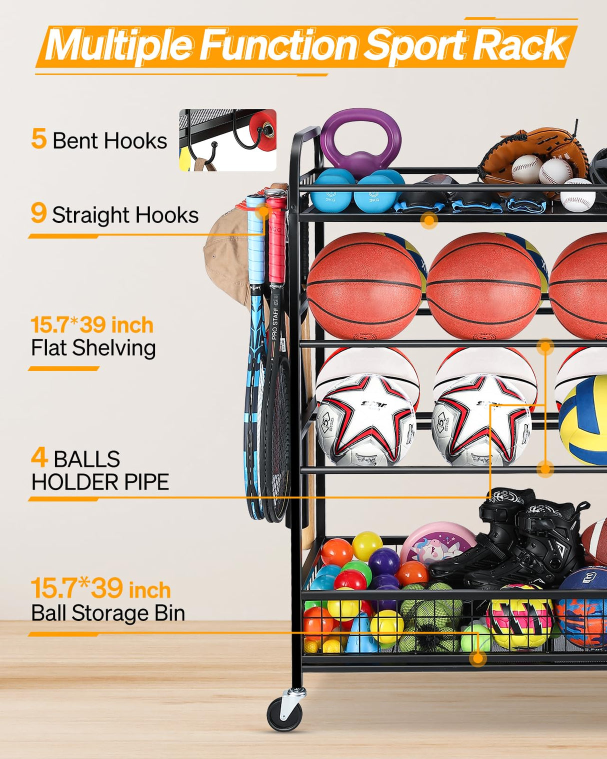 EXTCCT Garage Sports Equipment Organizer - Rolling Ball Storage Bin with Wheels, Garage Sports Gear Rack Outdoor Basketball Racks for Balls with Baseball Bat Holder and Hooks, Toy Organizer EXTCCT