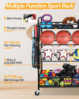 EXTCCT Garage Sports Equipment Organizer - Rolling Ball Storage Bin with Wheels, Garage Sports Gear Rack Outdoor Basketball Racks for Balls with Baseball Bat Holder and Hooks, Toy Organizer EXTCCT