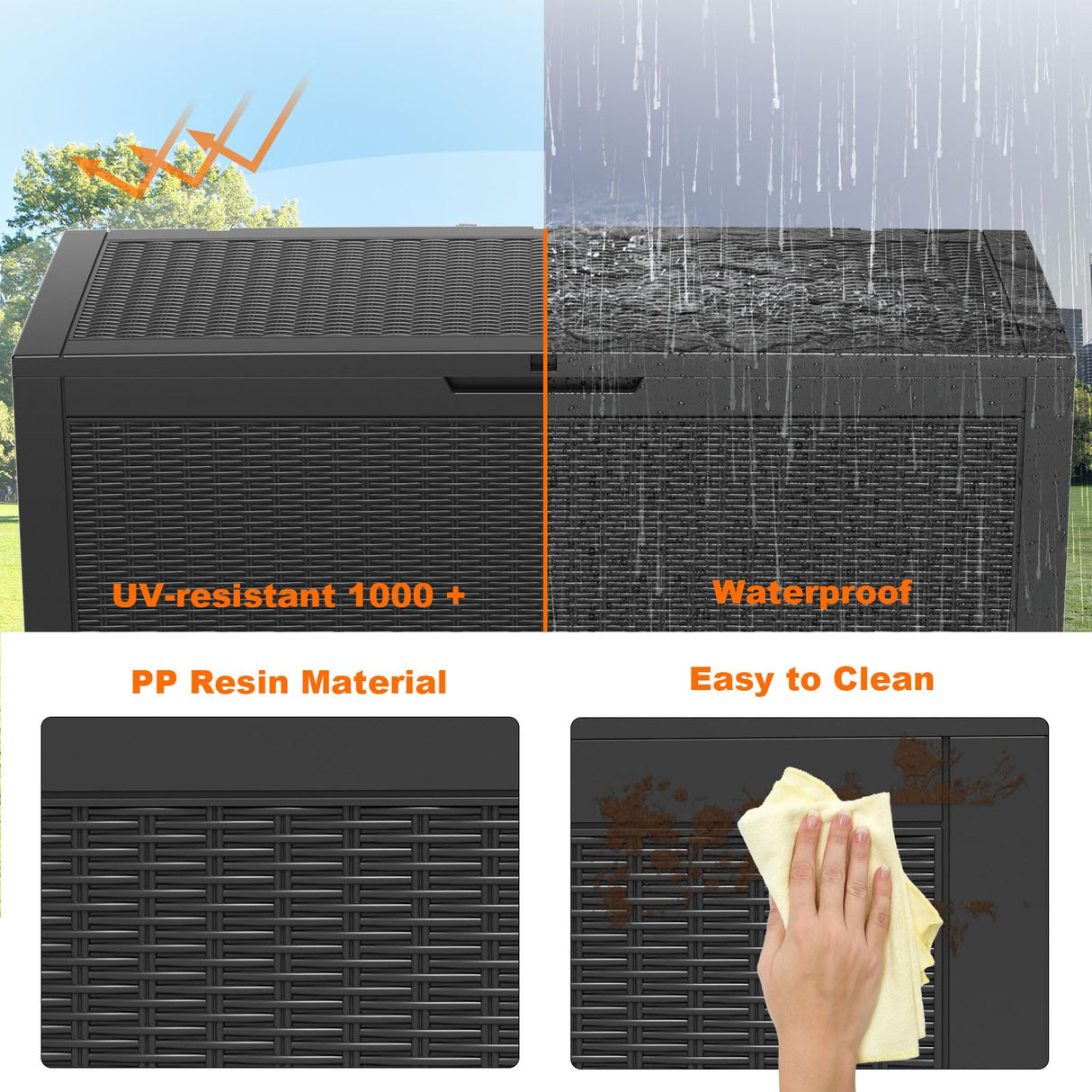 100 Gallon Resin Deck Box, Lockable Patio Outdoor Storage Box for Furniture, Garden Tools and Tools Storage, Waterproof Outside Storage Boxes - Black PatioZen