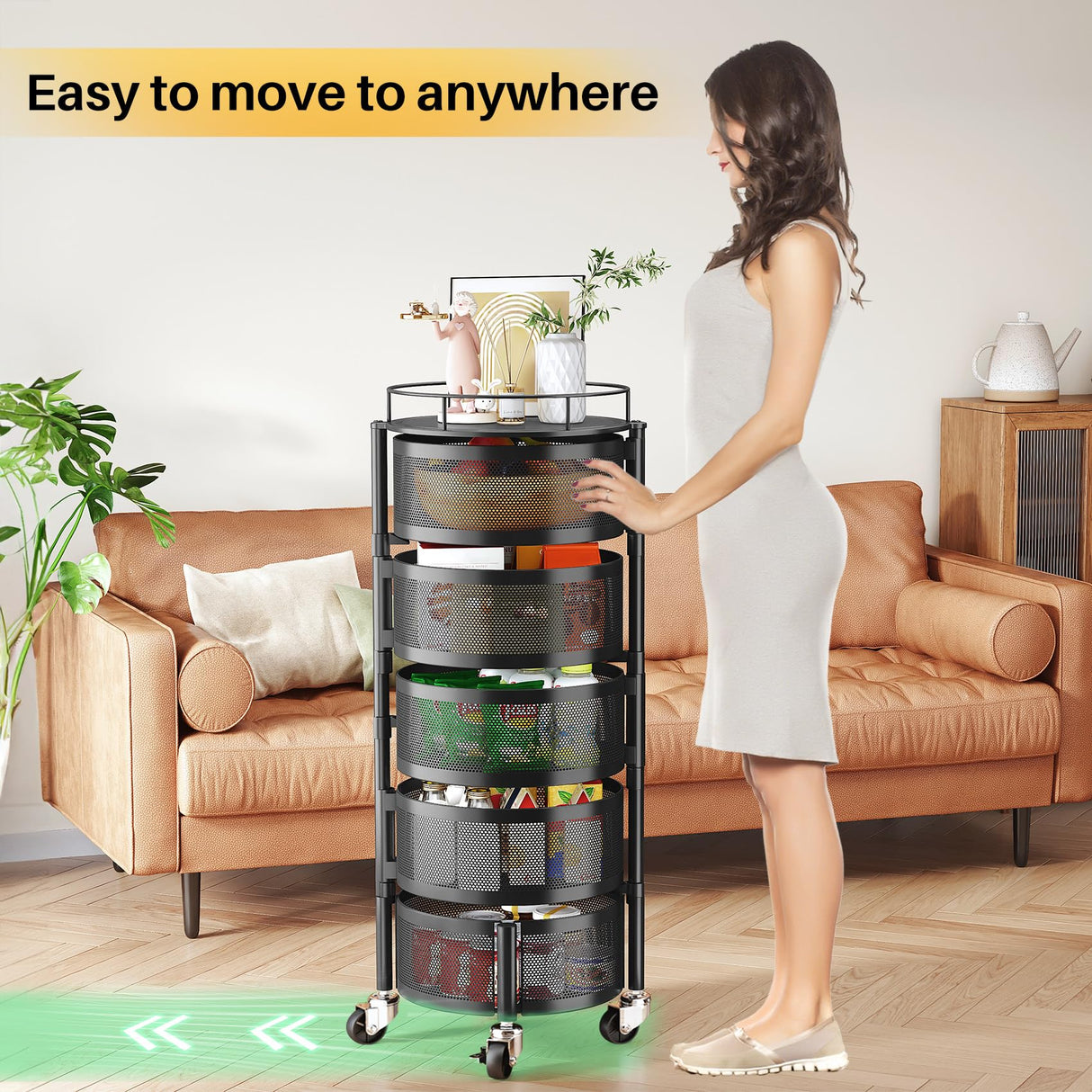 Fruit and Vegetable Basket Bowls for Kitchen with Metal Top Lid, SNTD 5 Tier Rotating Storage Rack Cart for Potato Onion Bread Banana, Wire Basket Organizer on Wheels, Large, Black SNTD