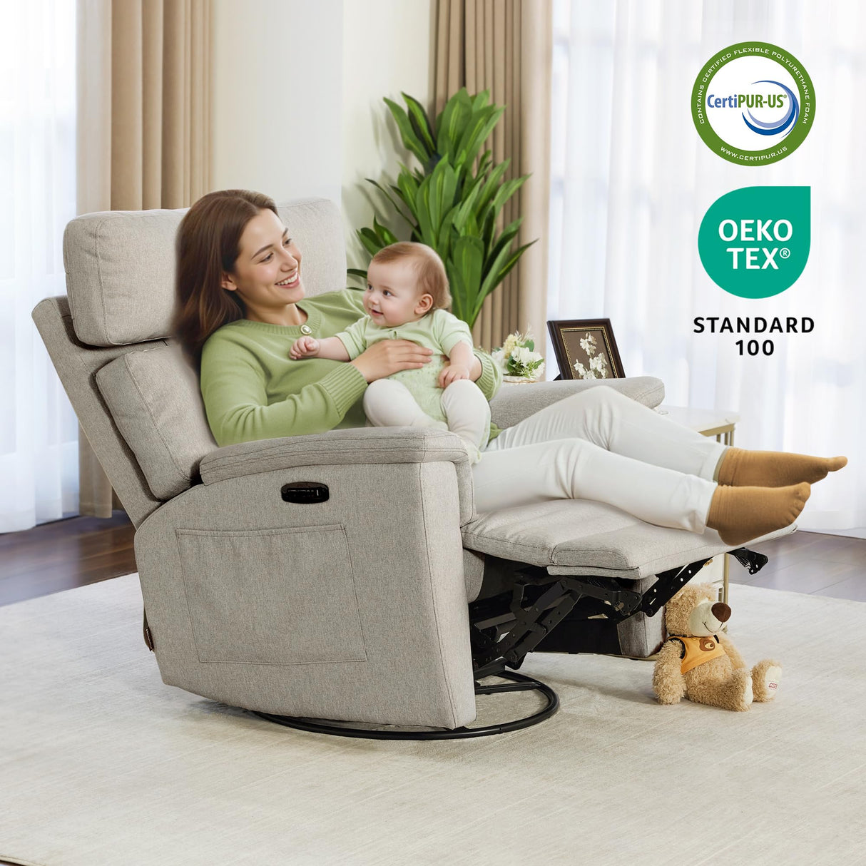 MCombo Oversized Swivel Glider Rocker Recliner with Adjustable Headrest, Dual Motor Power Recliner for Nursery, Led Nightlight, Fabric PR601 (Mist Grey) MCombo