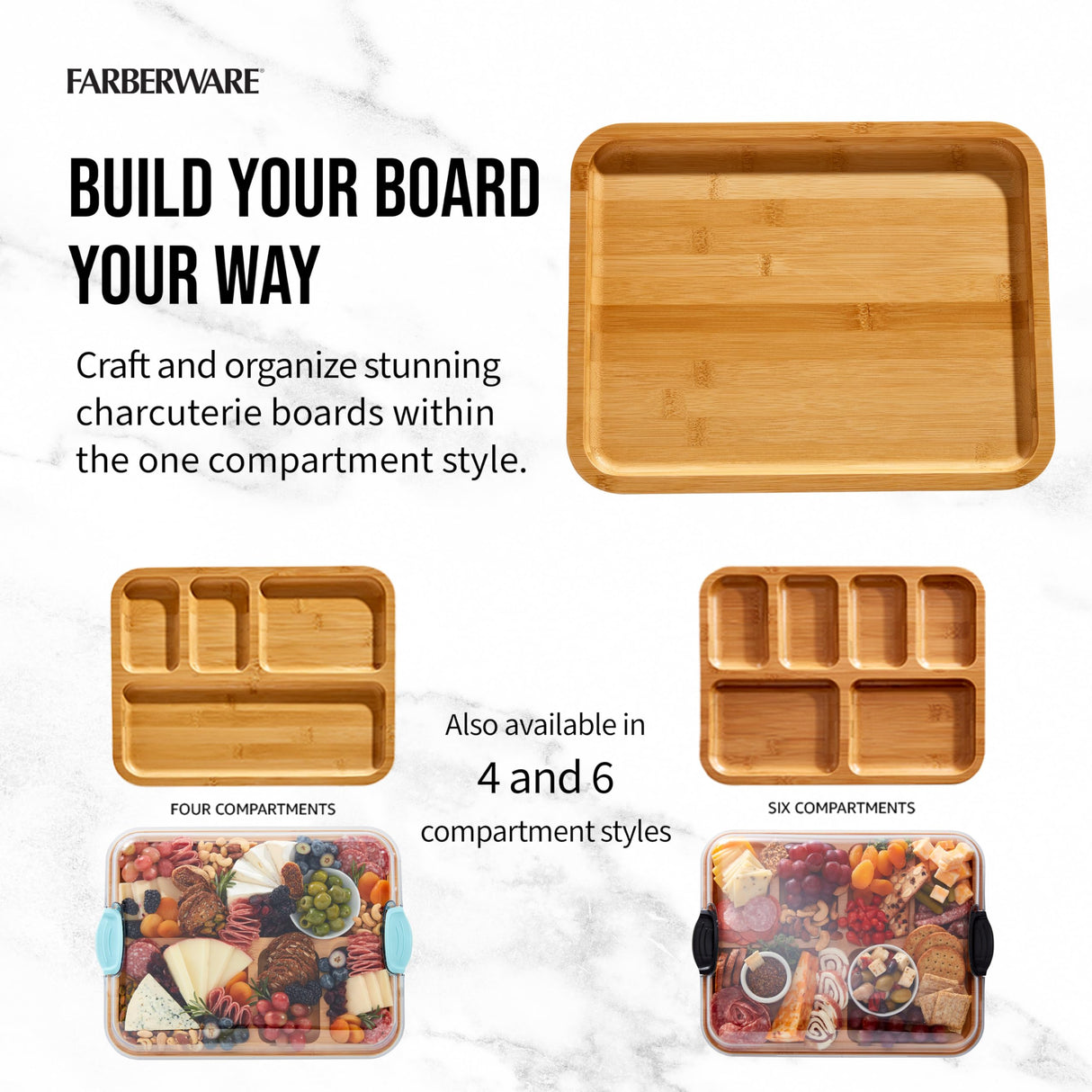 Farberware Build-A-Board Bamboo Cutting Board with Built-in Compartments and Clear Locking Lid with Navy Handles, Perfect for Charcuterie, Snacks, and More - Make it. Take it. Enjoy it, 11x14 Inches Farberware